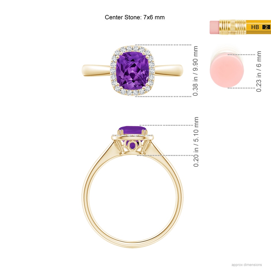 7x6mm AAAA Lozenge-Shaped Amethyst Cocktail Ring with Diamond Halo in Yellow Gold ruler