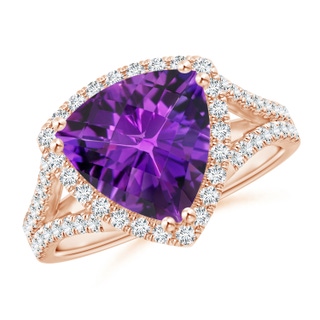 10mm AAAA Vintage Style Trillion Amethyst Cocktail Halo Ring in 10K Rose Gold