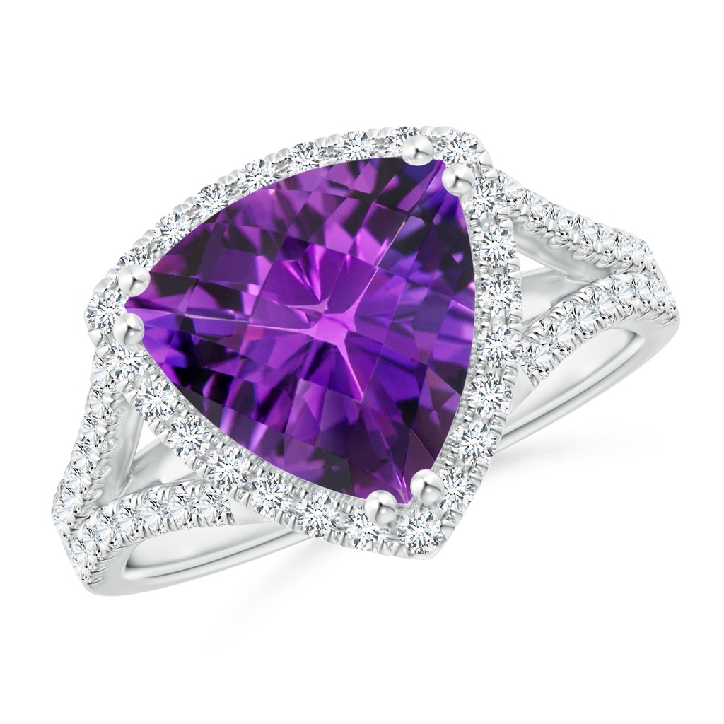 10mm AAAA Vintage Style Trillion Amethyst Cocktail Halo Ring in White Gold