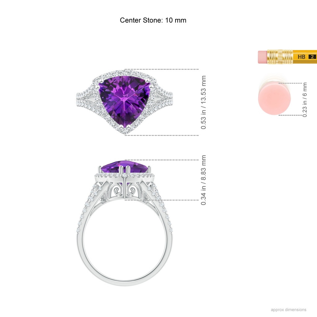 10mm AAAA Vintage Style Trillion Amethyst Cocktail Halo Ring in White Gold Ruler