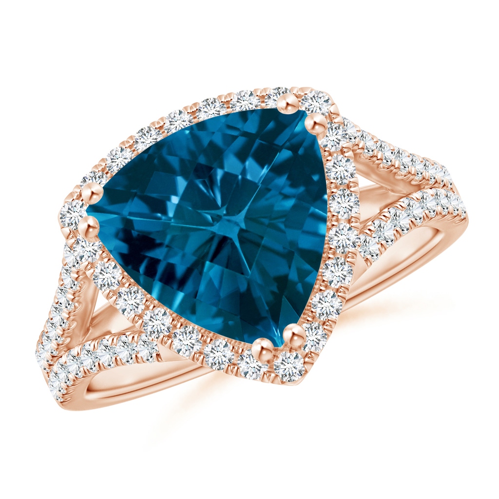 10mm AAAA Vintage Style Trillion London Blue Topaz Cocktail Halo Ring in Rose Gold