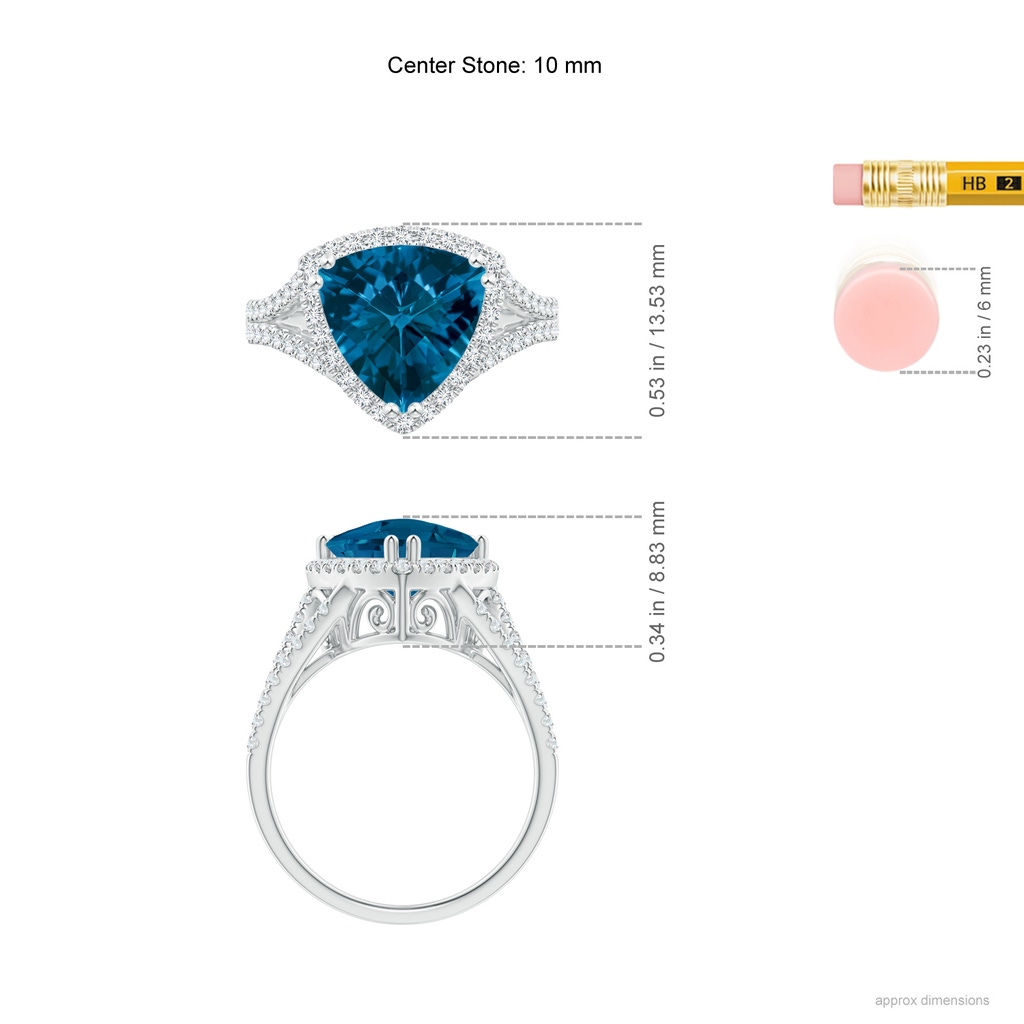 10mm AAAA Vintage Style Trillion London Blue Topaz Cocktail Halo Ring in White Gold Ruler