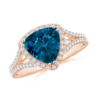 8mm AAAA Vintage Style Trillion London Blue Topaz Cocktail Halo Ring in Rose Gold