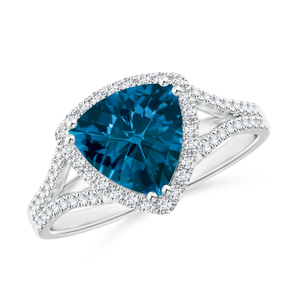 8mm AAAA Vintage Style Trillion London Blue Topaz Cocktail Halo Ring in White Gold