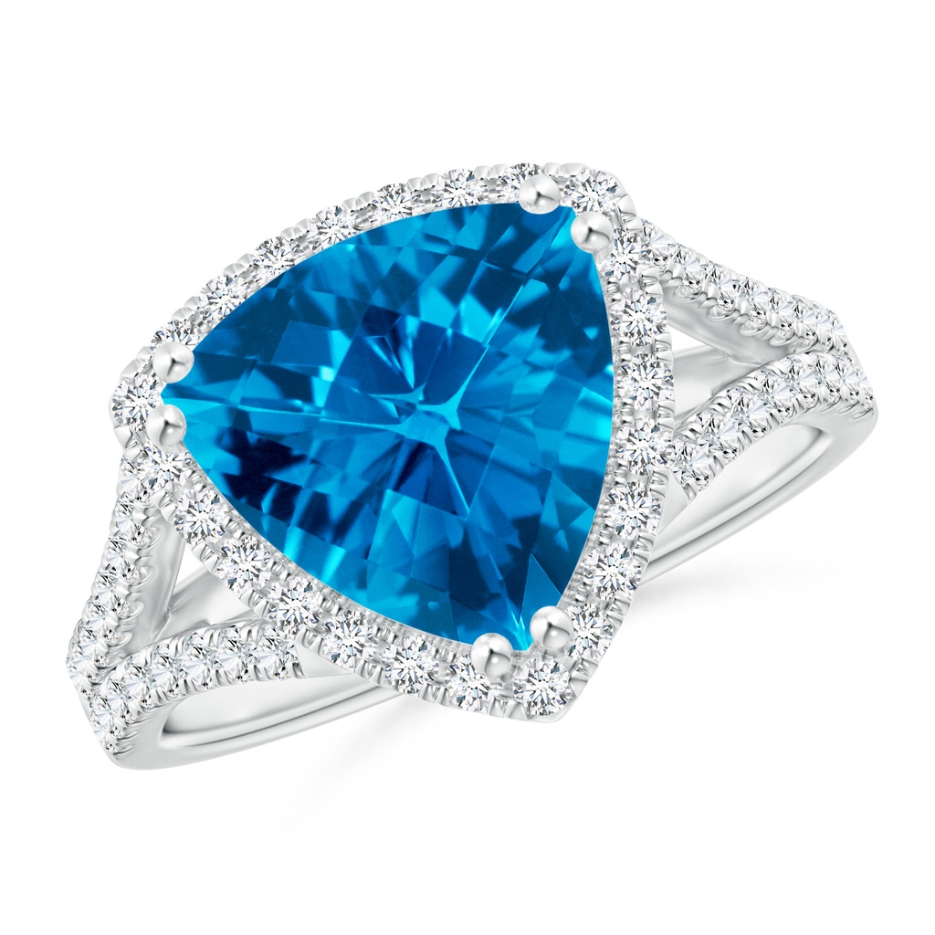 10mm AAAA Vintage Style Trillion Swiss Blue Topaz Cocktail Halo Ring in White Gold
