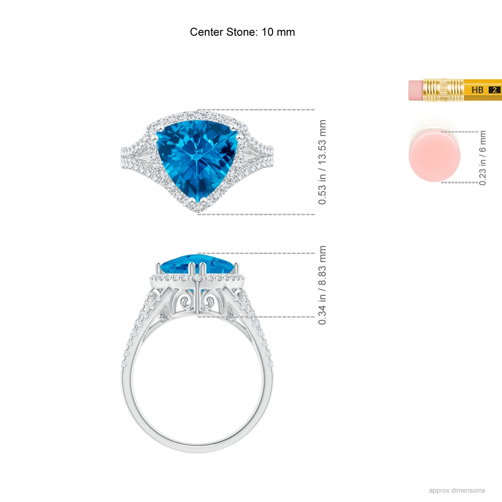10mm AAAA Vintage Style Trillion Swiss Blue Topaz Cocktail Halo Ring in White Gold Ruler