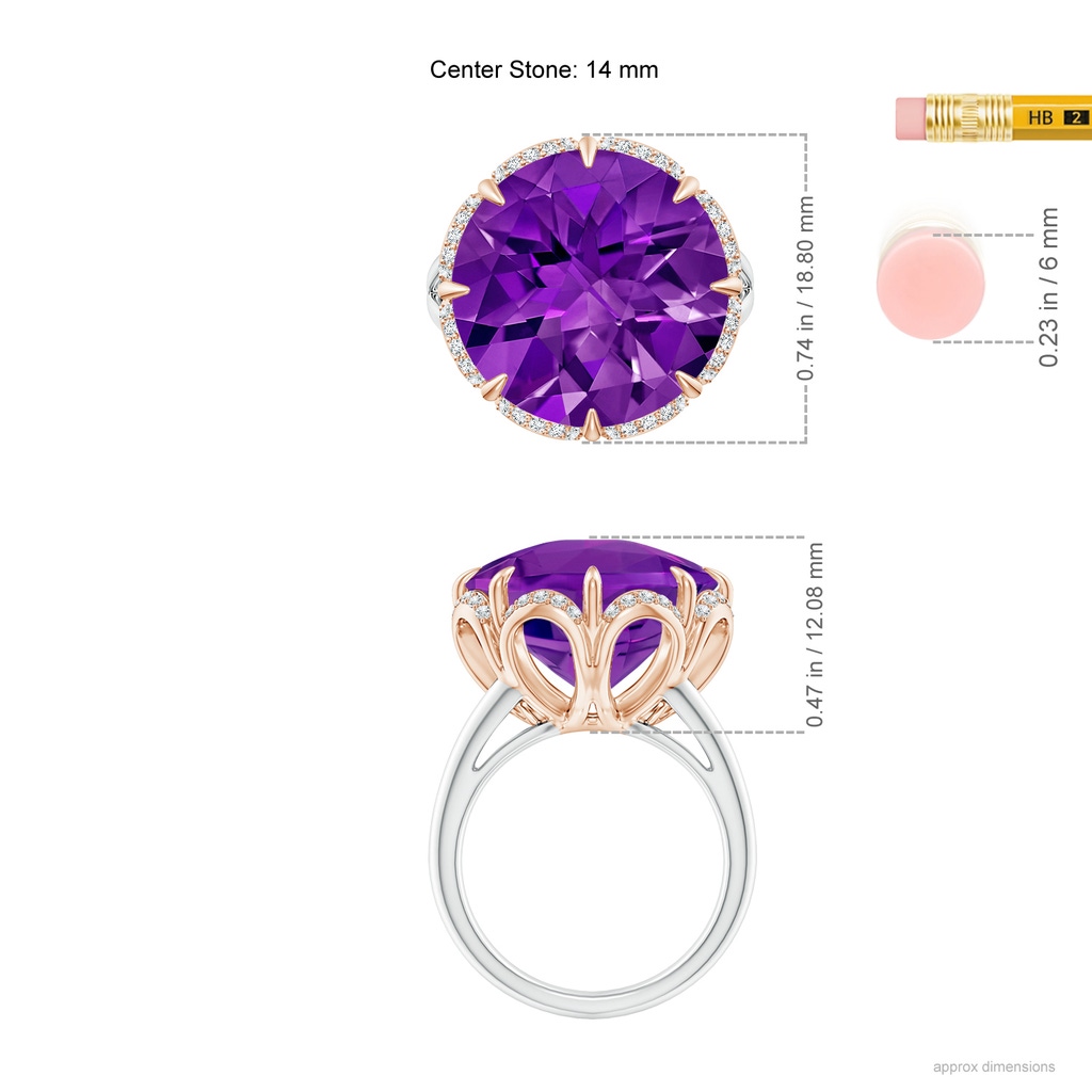 14mm AAAA Round Amethyst Floral Cocktail Ring in White Gold Rose Gold Ruler