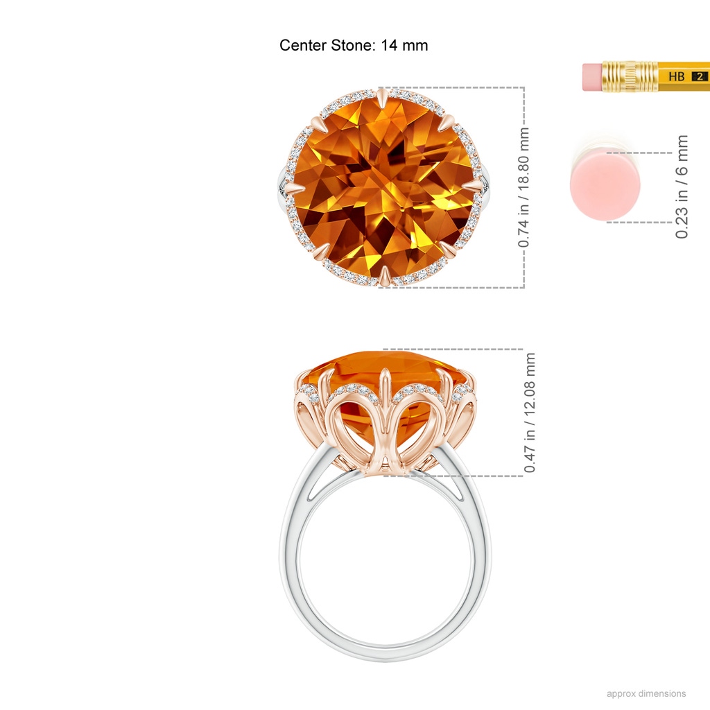 14mm AAAA Round Citrine Floral Cocktail Ring in White Gold Rose Gold Ruler