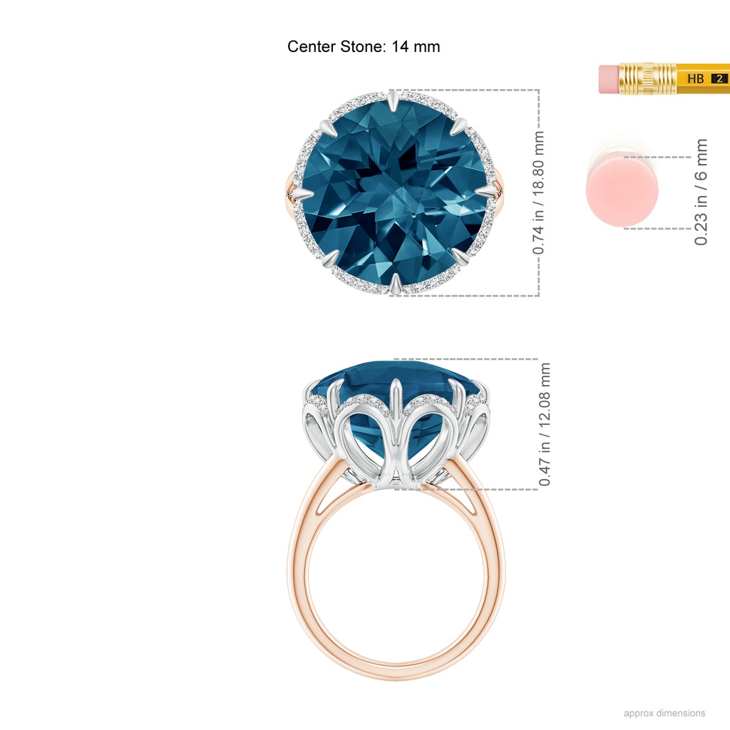 14mm AAAA Round London Blue Topaz Floral Cocktail Ring in Rose Gold White Gold Ruler