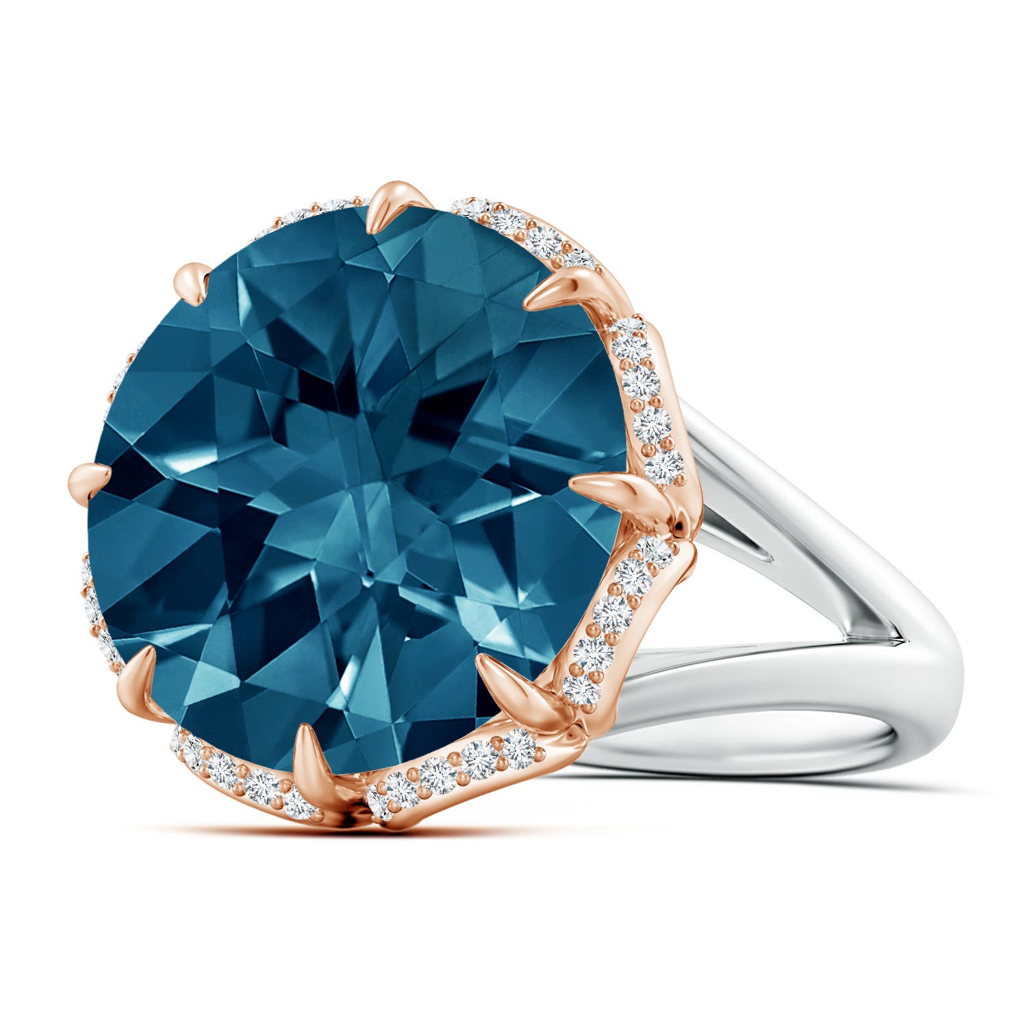 14mm AAAA Round London Blue Topaz Floral Cocktail Ring in White Gold Rose Gold - side 3