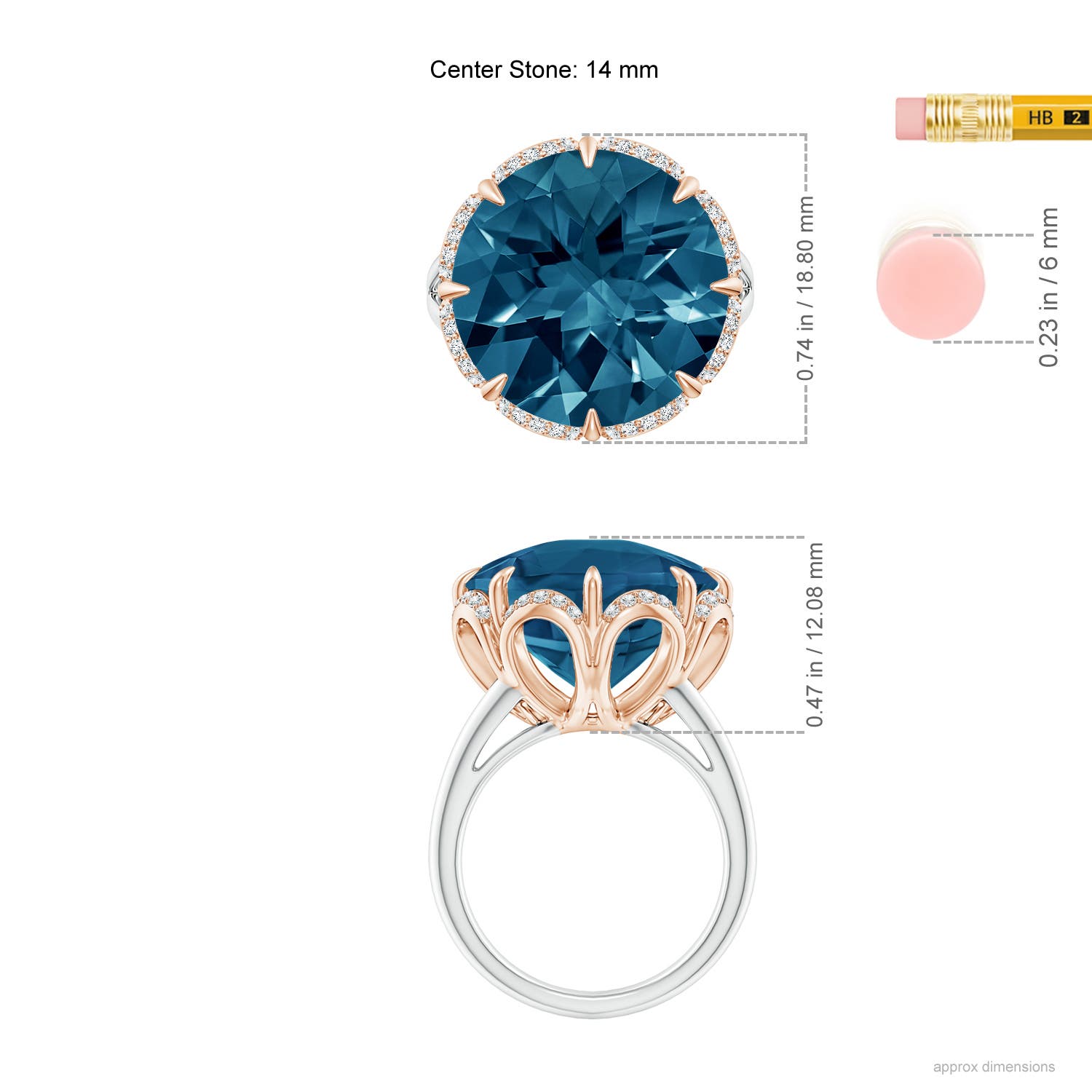 14mm AAAA Round London Blue Topaz Floral Cocktail Ring in White Gold Rose Gold - ruler
