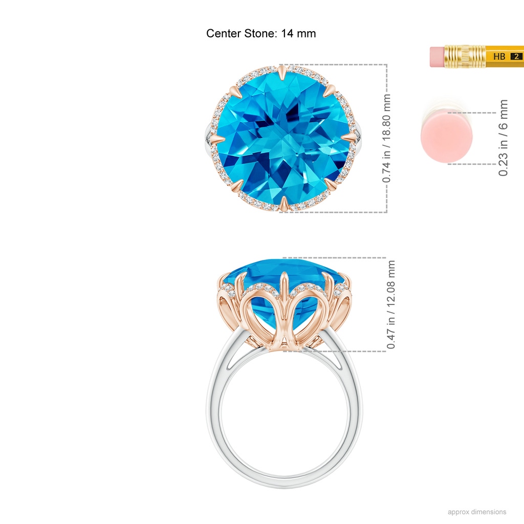 14mm AAAA Round Swiss Blue Topaz Floral Cocktail Ring in White Gold Rose Gold Ruler