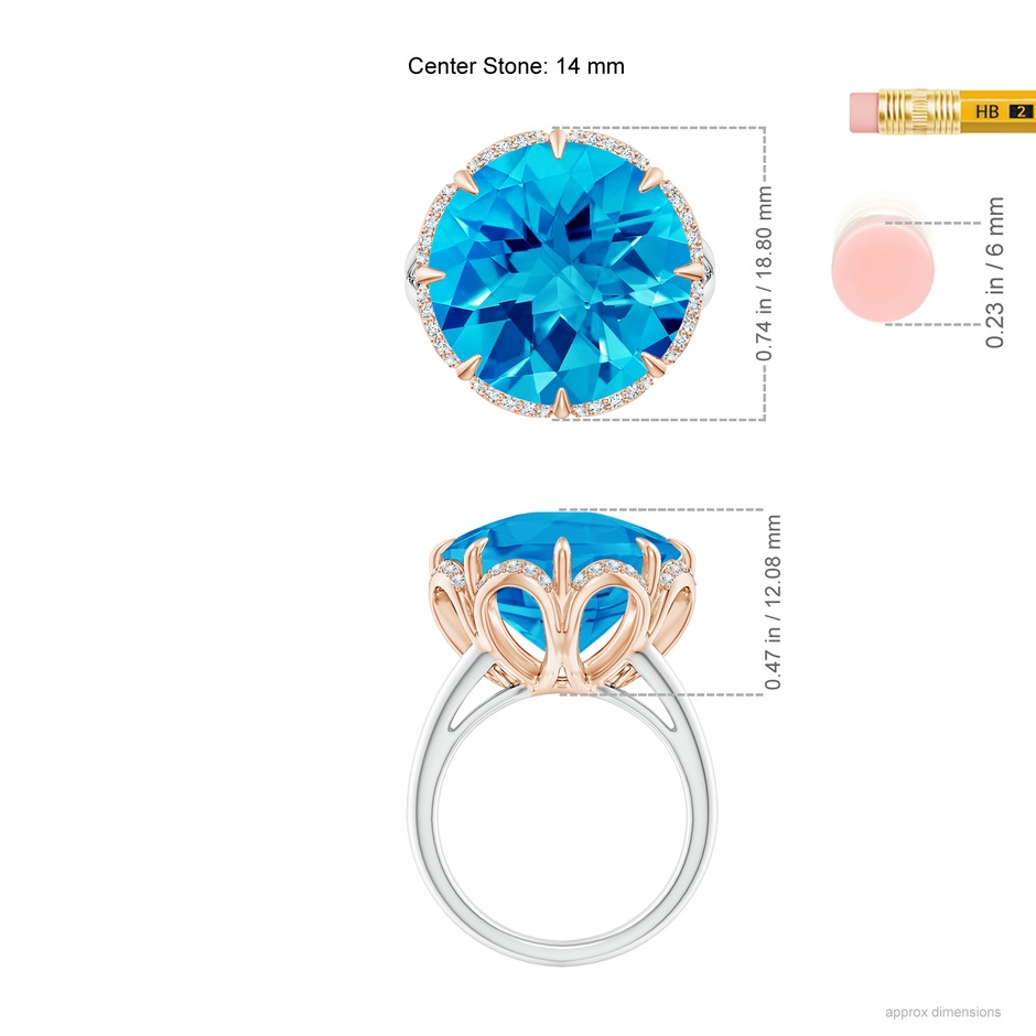 14mm AAAA Round Swiss Blue Topaz Floral Cocktail Ring in White Gold Rose Gold ruler