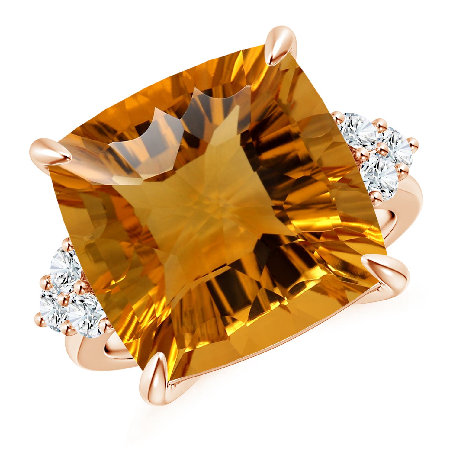 Angara 12.44 CTW GIA Certified Cushion Citrine Ring with Trio Diamonds in 14K Rose Gold