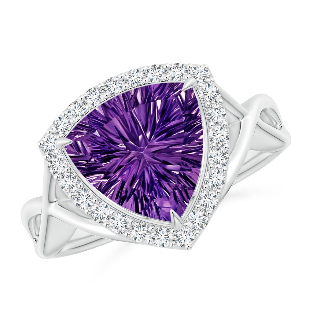 10mm AAAA Trillion Concave-Cut Amethyst Halo Criss-Cross Ring in White Gold