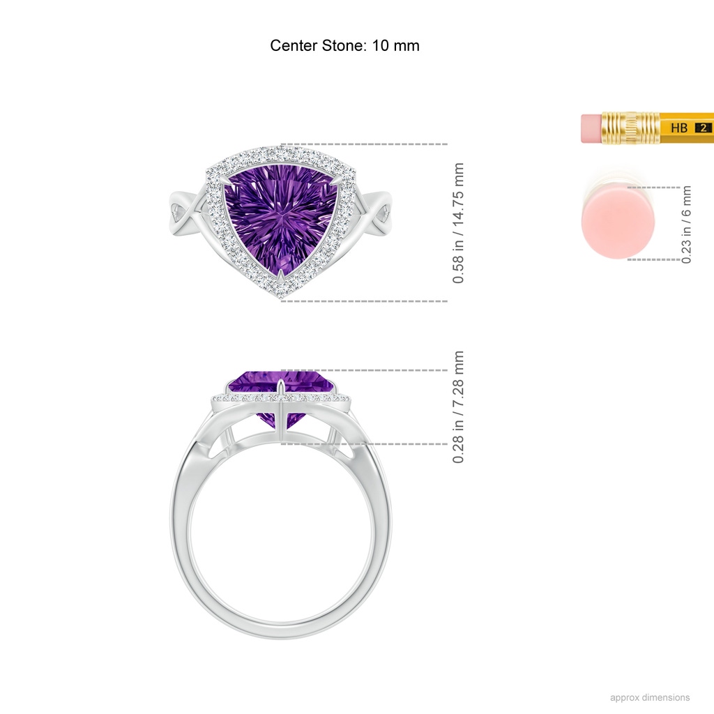 10mm AAAA Trillion Concave-Cut Amethyst Halo Criss-Cross Ring in White Gold Ruler