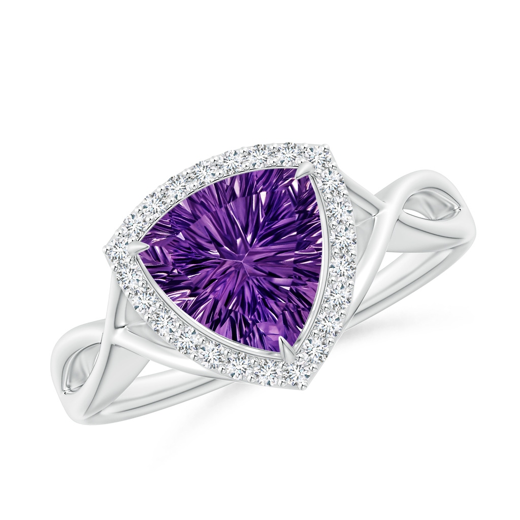 8mm AAAA Trillion Concave-Cut Amethyst Halo Criss-Cross Ring in White Gold