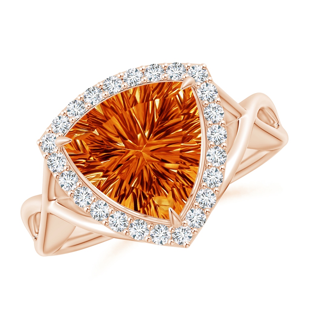 10mm AAAA Trillion Concave-Cut Citrine Halo Criss-Cross Ring in Rose Gold