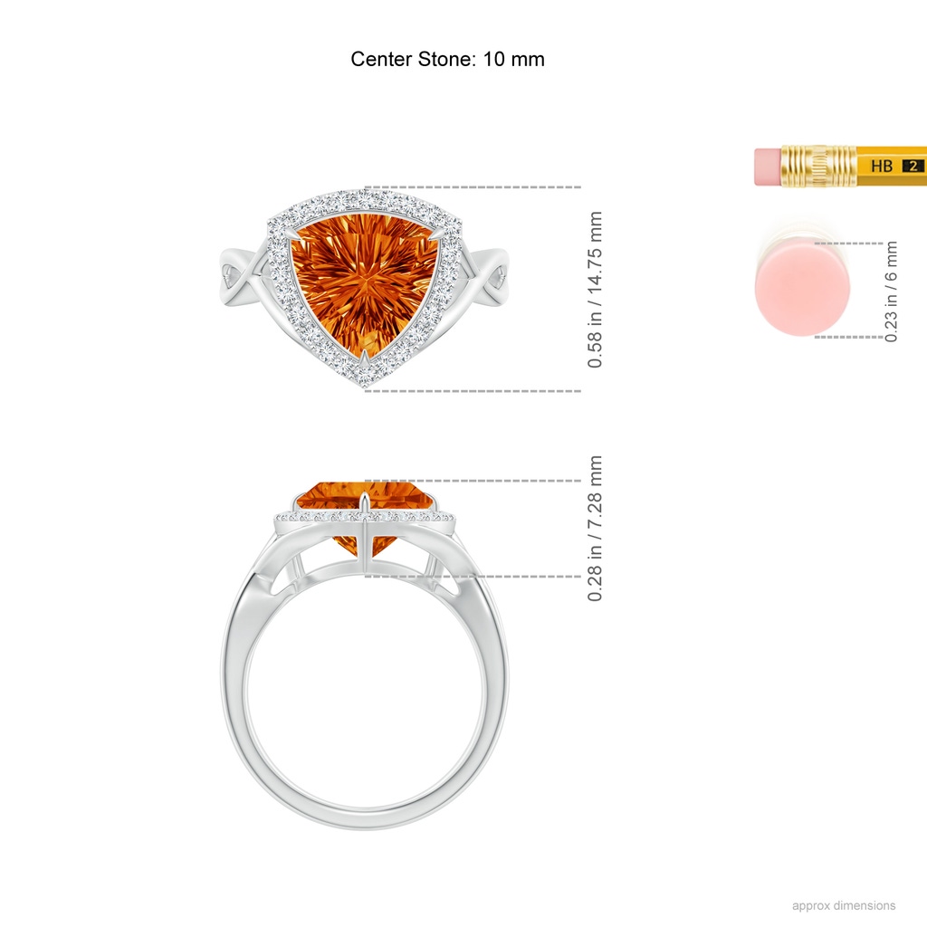 10mm AAAA Trillion Concave-Cut Citrine Halo Criss-Cross Ring in White Gold Ruler