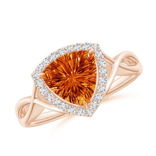 8mm AAAA Trillion Concave-Cut Citrine Halo Criss-Cross Ring in 10K Rose Gold
