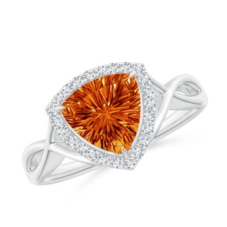 8mm AAAA Trillion Concave-Cut Citrine Halo Criss-Cross Ring in P950 Platinum