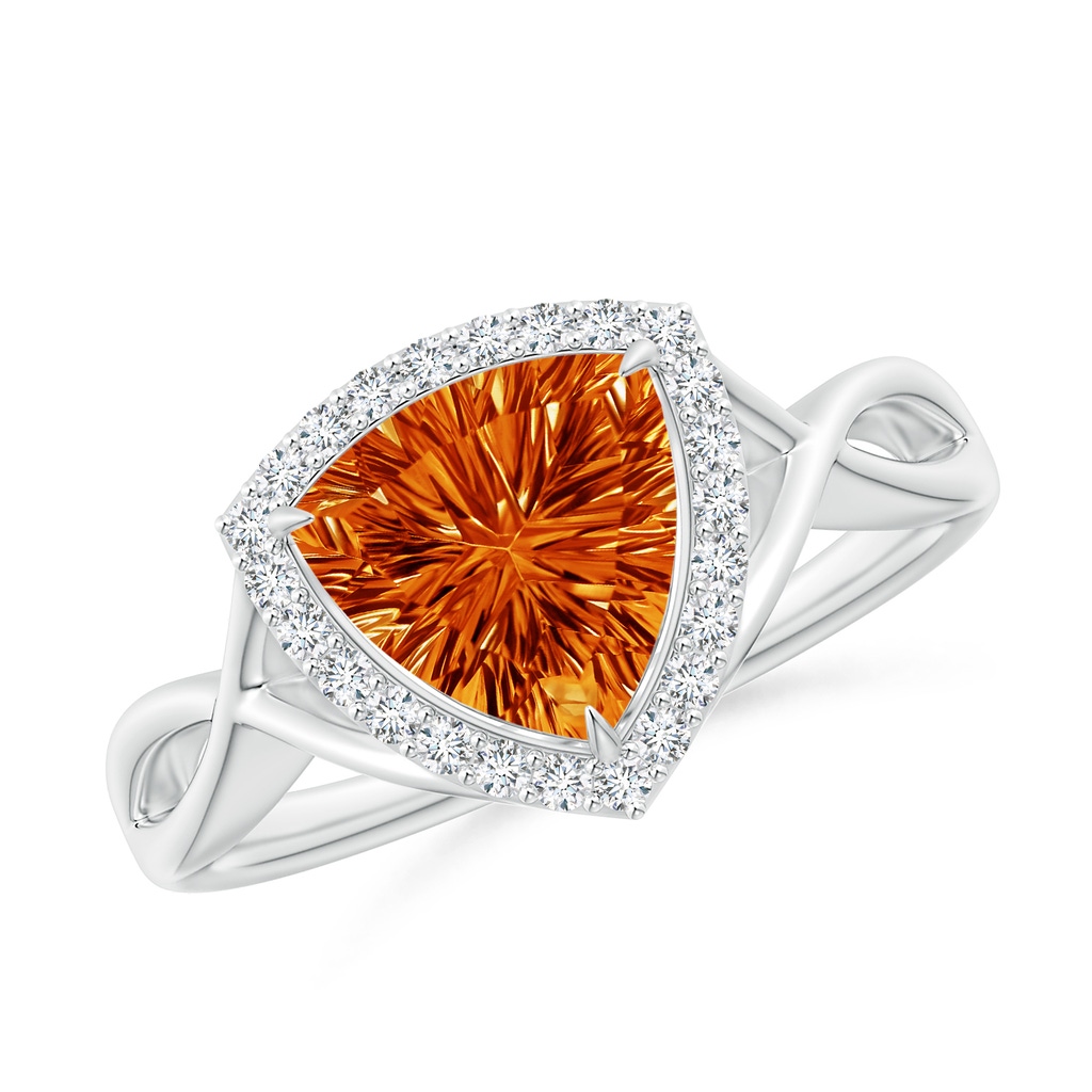 8mm AAAA Trillion Concave-Cut Citrine Halo Criss-Cross Ring in White Gold