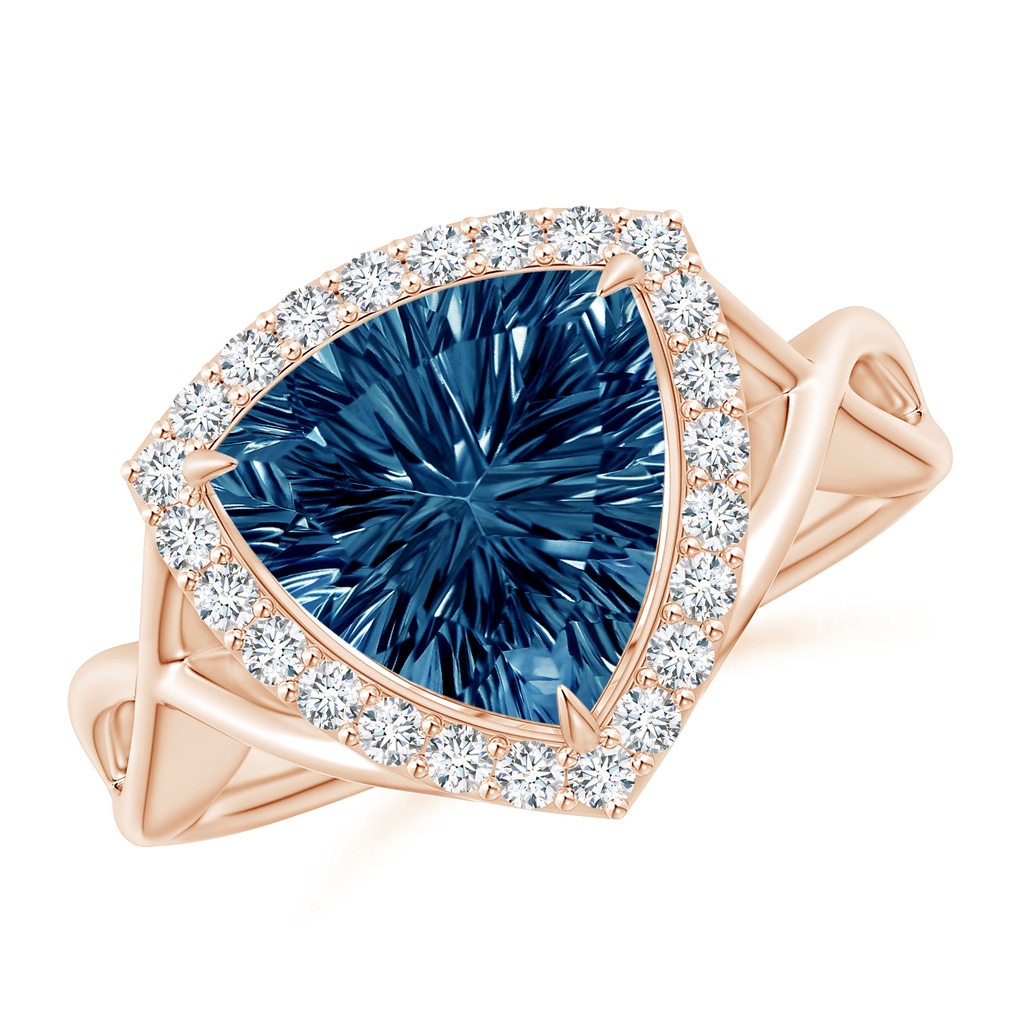 10mm AAAA Trillion Concave-Cut London Blue Topaz Halo Criss-Cross Ring in Rose Gold