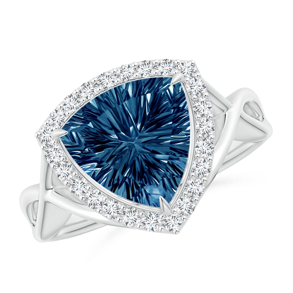 10mm AAAA Trillion Concave-Cut London Blue Topaz Halo Criss-Cross Ring in White Gold