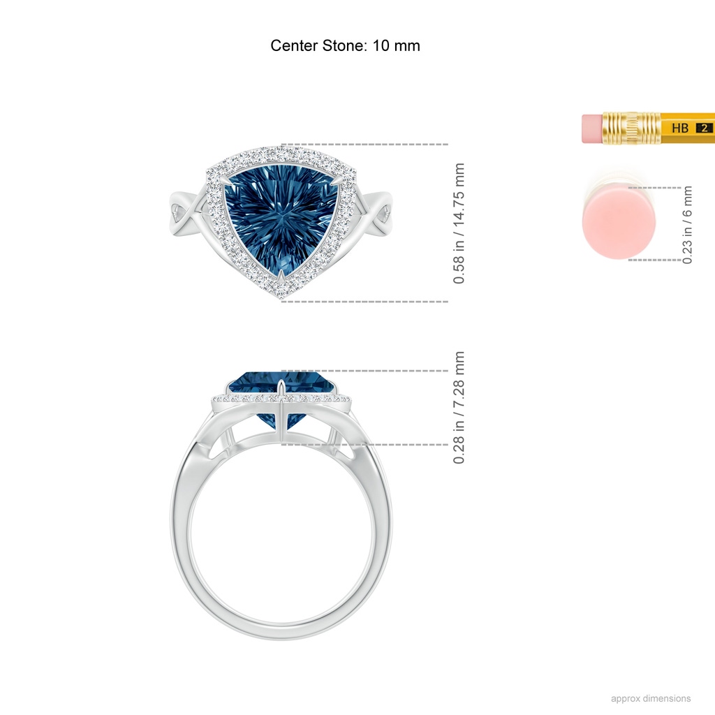 10mm AAAA Trillion Concave-Cut London Blue Topaz Halo Criss-Cross Ring in White Gold Ruler