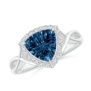 8mm AAAA Trillion Concave-Cut London Blue Topaz Halo Criss-Cross Ring in P950 Platinum