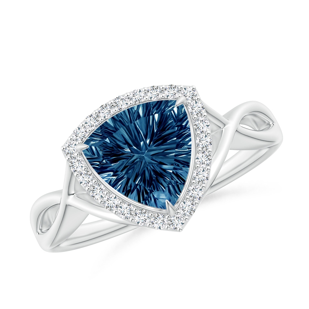 8mm AAAA Trillion Concave-Cut London Blue Topaz Halo Criss-Cross Ring in White Gold