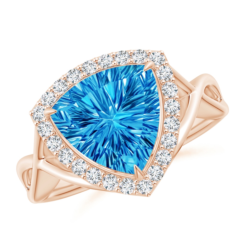10mm AAAA Trillion Concave-Cut Swiss Blue Topaz Halo Criss-Cross Ring in Rose Gold 