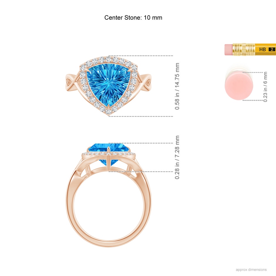 10mm AAAA Trillion Concave-Cut Swiss Blue Topaz Halo Criss-Cross Ring in Rose Gold ruler