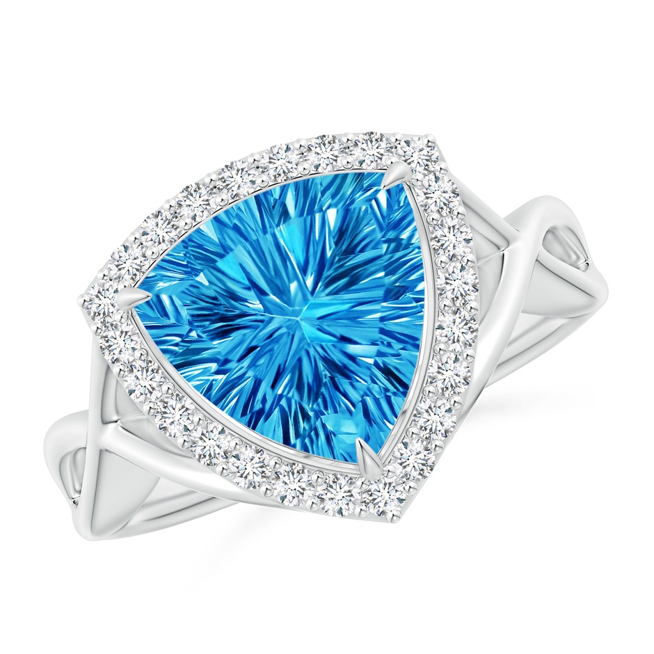 10mm AAAA Trillion Concave-Cut Swiss Blue Topaz Halo Criss-Cross Ring in White Gold 