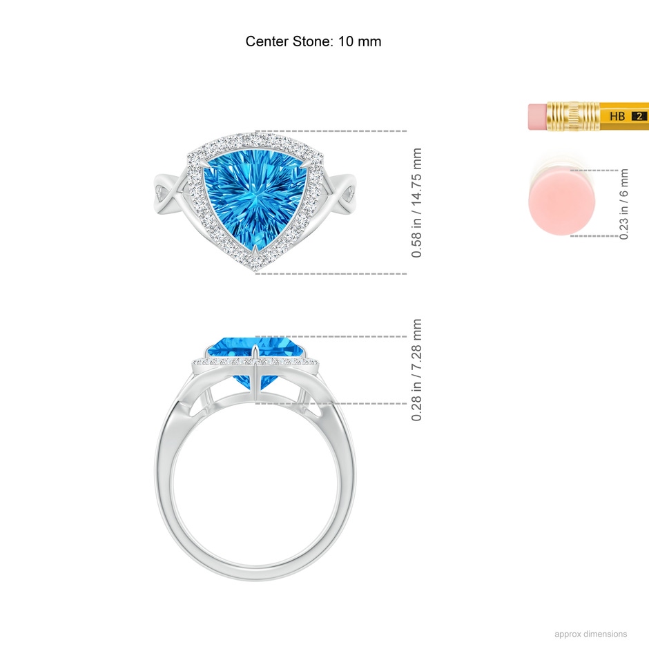 10mm AAAA Trillion Concave-Cut Swiss Blue Topaz Halo Criss-Cross Ring in White Gold ruler