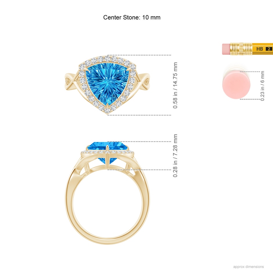 10mm AAAA Trillion Concave-Cut Swiss Blue Topaz Halo Criss-Cross Ring in Yellow Gold ruler