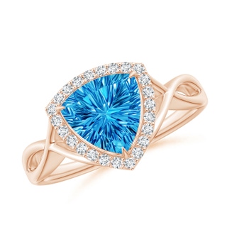 8mm AAAA Trillion Concave-Cut Swiss Blue Topaz Halo Criss-Cross Ring in 10K Rose Gold