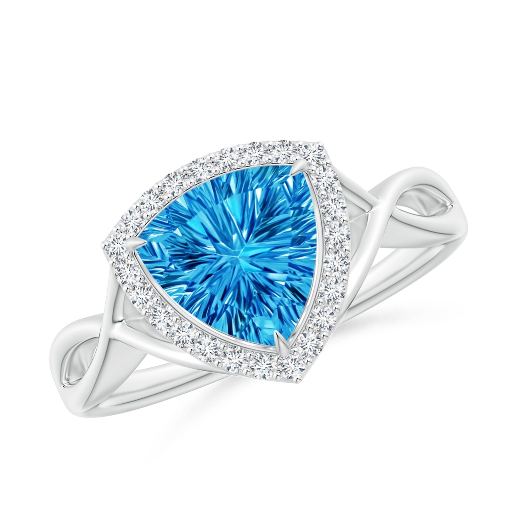 8mm AAAA Trillion Concave-Cut Swiss Blue Topaz Halo Criss-Cross Ring in White Gold