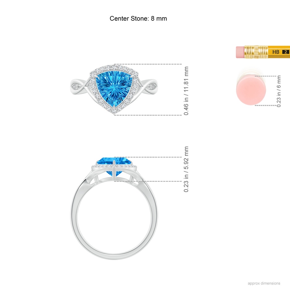 8mm AAAA Trillion Concave-Cut Swiss Blue Topaz Halo Criss-Cross Ring in White Gold ruler