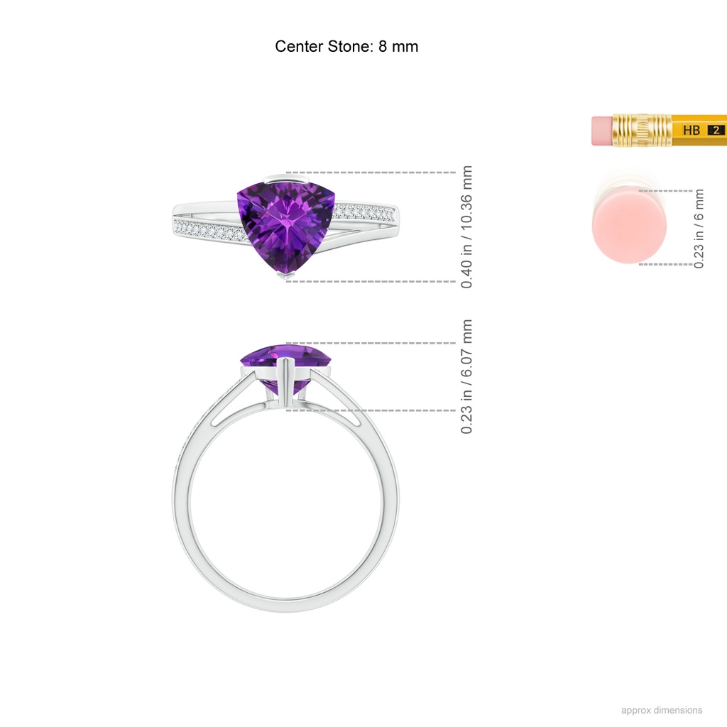 8mm AAAA Trillion Checker-Cut Amethyst Split Shank Ring in White Gold Ruler