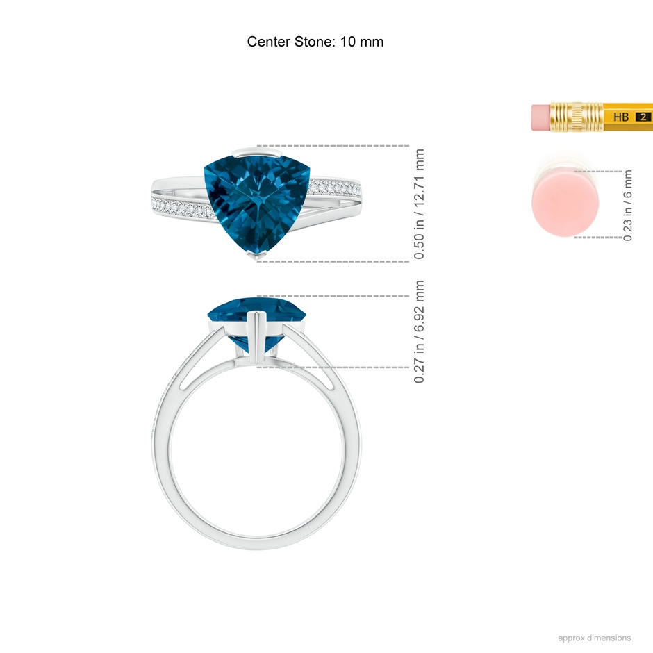 10mm AAAA Trillion Checker-Cut London Blue Topaz Split Shank Ring in White Gold ruler