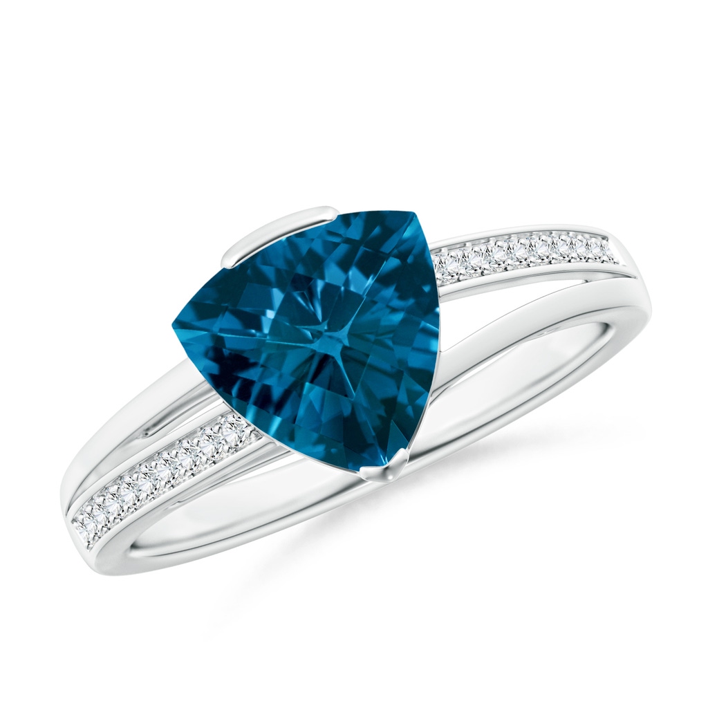 8mm AAAA Trillion Checker-Cut London Blue Topaz Split Shank Ring in White Gold