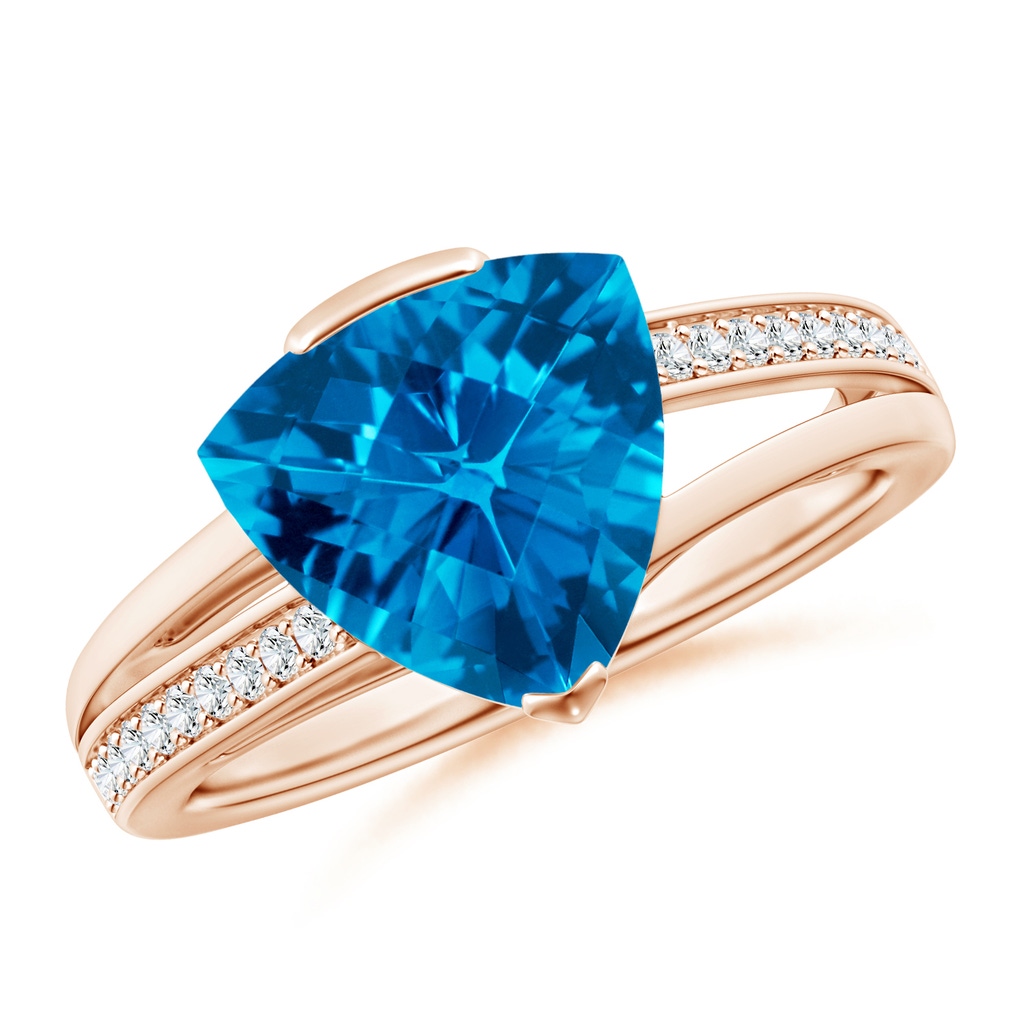 10mm AAAA Trillion Checker-Cut Swiss Blue Topaz Split Shank Ring in Rose Gold