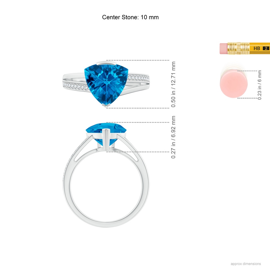 10mm AAAA Trillion Checker-Cut Swiss Blue Topaz Split Shank Ring in White Gold ruler