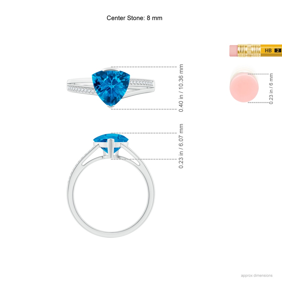 8mm AAAA Trillion Checker-Cut Swiss Blue Topaz Split Shank Ring in White Gold ruler