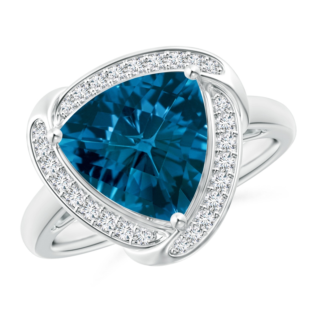 10mm AAAA Trillion Checker-Cut London Blue Topaz Overlapping Halo Ring in White Gold