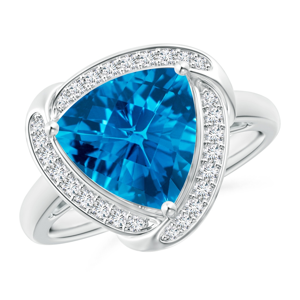 10mm AAAA Trillion Checker-Cut Swiss Blue Topaz Overlapping Halo Ring in White Gold