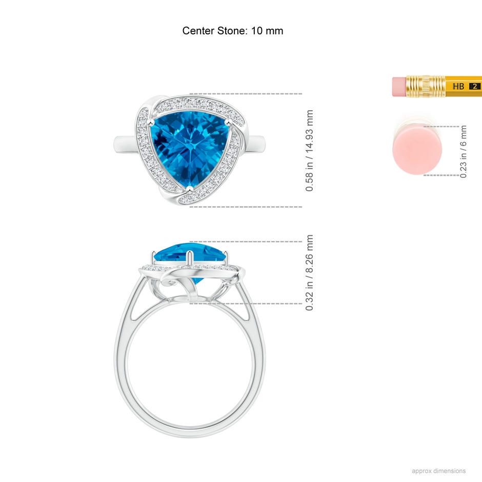 10mm AAAA Trillion Checker-Cut Swiss Blue Topaz Overlapping Halo Ring in White Gold ruler