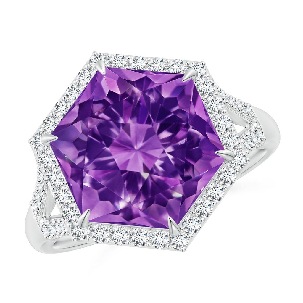 11mm AAAA Hexagonal Amethyst Moroccan Filigree Cocktail Ring in White Gold