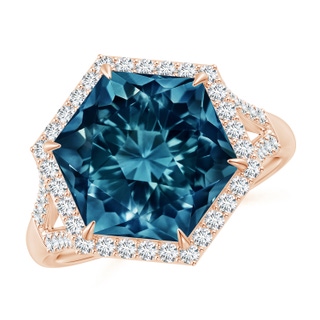 11mm AAAA Hexagonal London Blue Topaz Moroccan Filigree Cocktail Ring in 10K Rose Gold